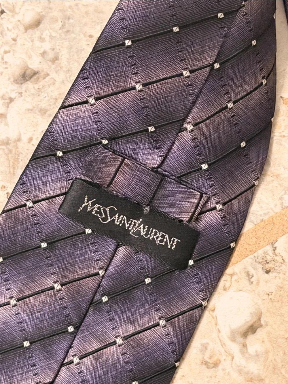 Yves Saint Laurent Lavender Silk Tie with Silver Dot Grid